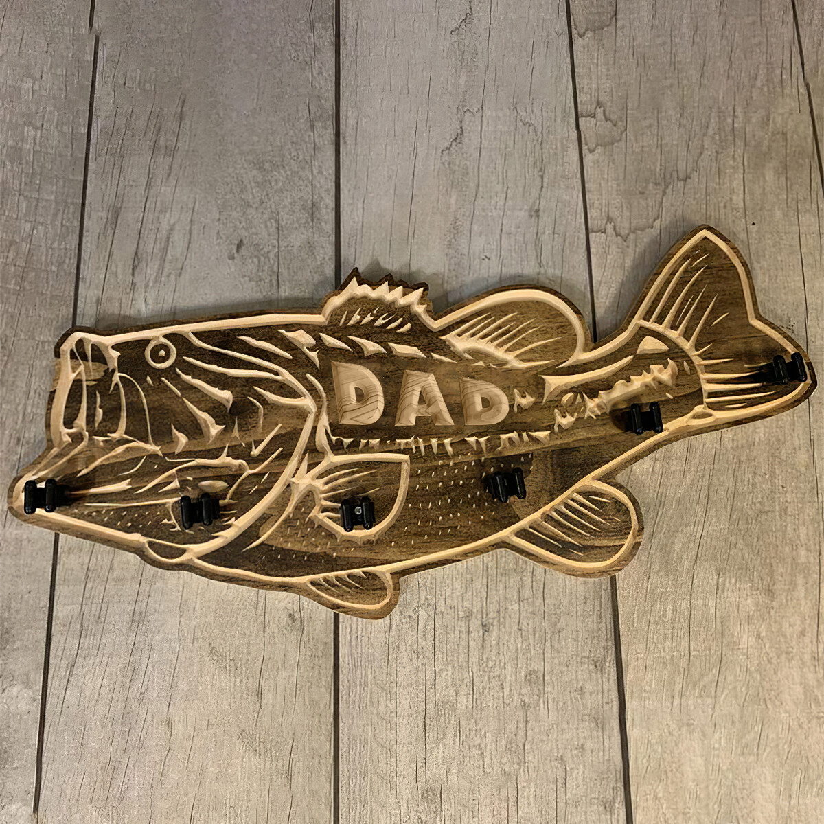 Fathers Day Wood Large Mouth Bass Fishing Rod Holder, Largemouth