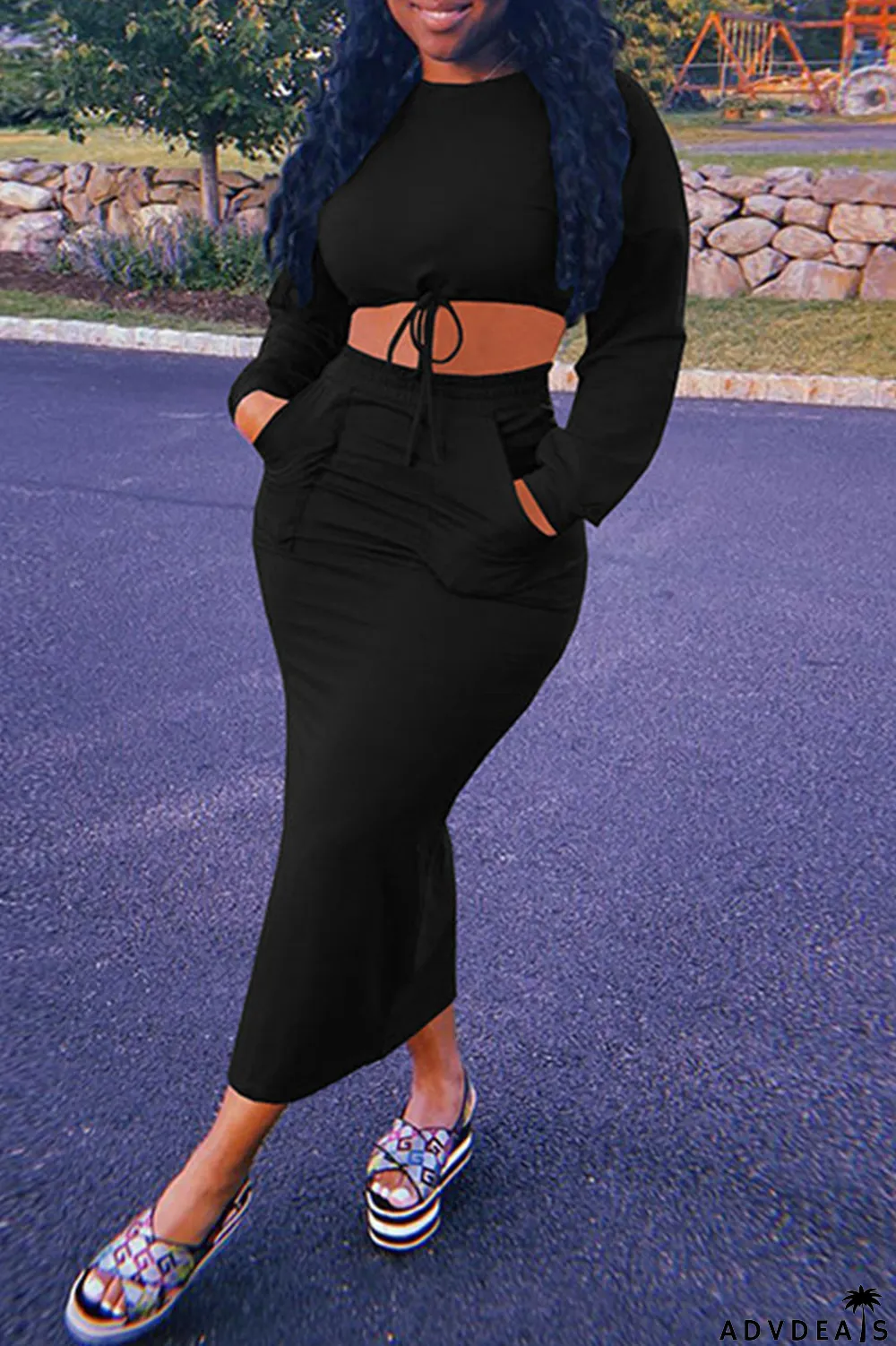 Blue Casual Solid Split Joint O Neck Long Sleeve Two Pieces