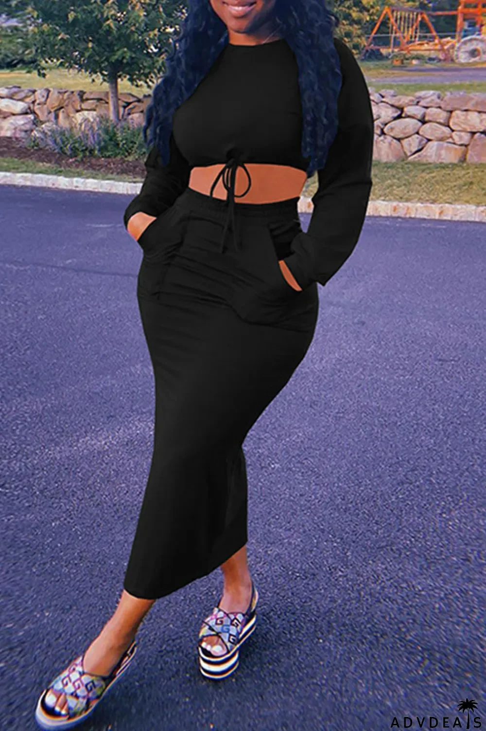 Blue Casual Solid Split Joint O Neck Long Sleeve Two Pieces