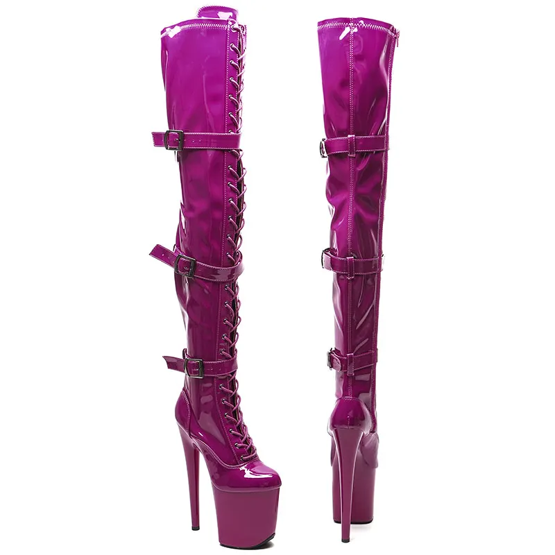 VCshoes 20CM/8inches Patent Upper Women Fashion High Heel Platform Lace Up Thigh High Boots Pole Dance Boots