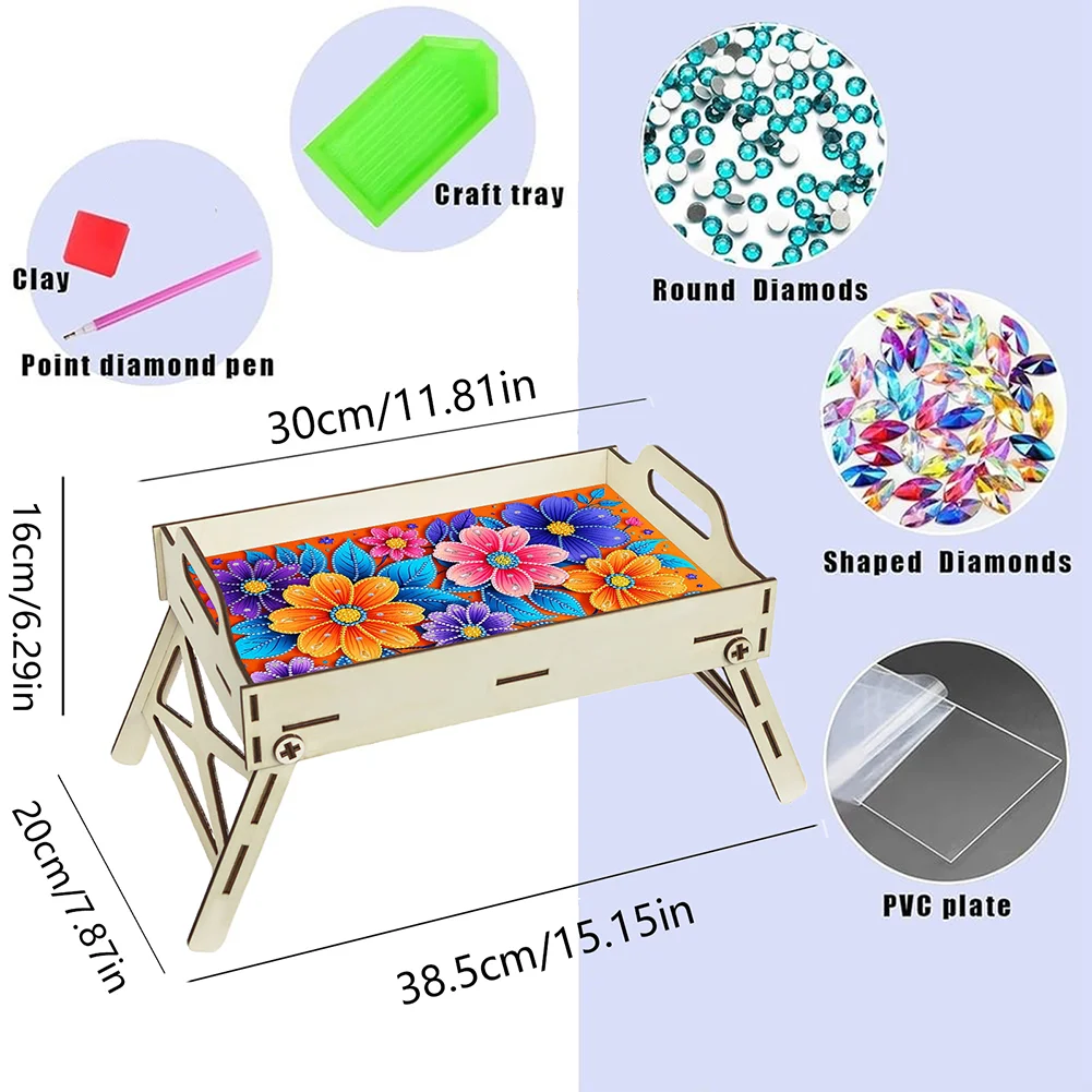 DIY Diamond Painted Dining Plate with Handle Wooden Food Tray Home Decor Gift