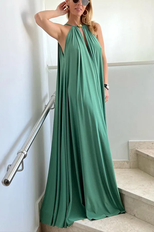 Greek Goddess Distinctive Golden Halter Neck A-line Maxi Dress
