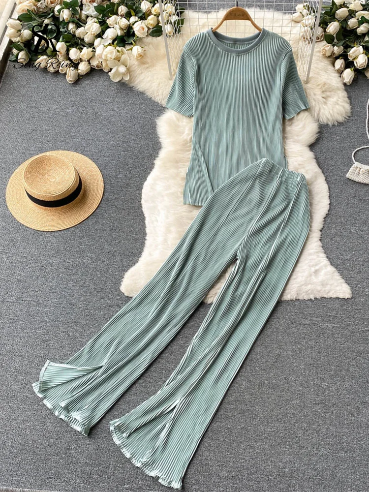 Huibahe Pleated Fashion Solid Set Women Loose O Neck Tops Elastic Waist Split Wide Leg Long Pants Ladies Elegant Two Piece Set