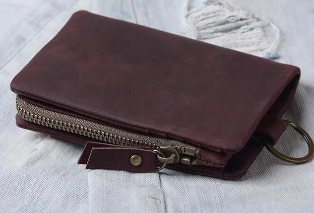 Handmade Mens Cool Leather Small KeyChain Wallet Men Small billfold Wallet for Men