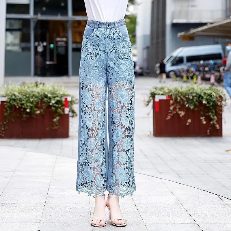 High Waist Pantalones De Mujer Lace Patchwork Hollow Out Fashion Elegant Jeans for Women All Match Casual Loose Summer Pants