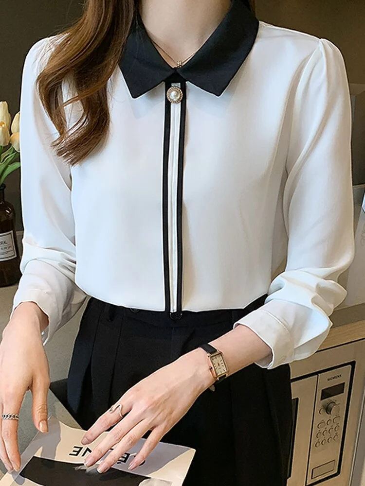 Long Sleeve Blouse Women Blusas Mujer De Moda 2023 Turn Down Collar Office White Chiffon Blouse Shirt Women's Tops Blouses C417