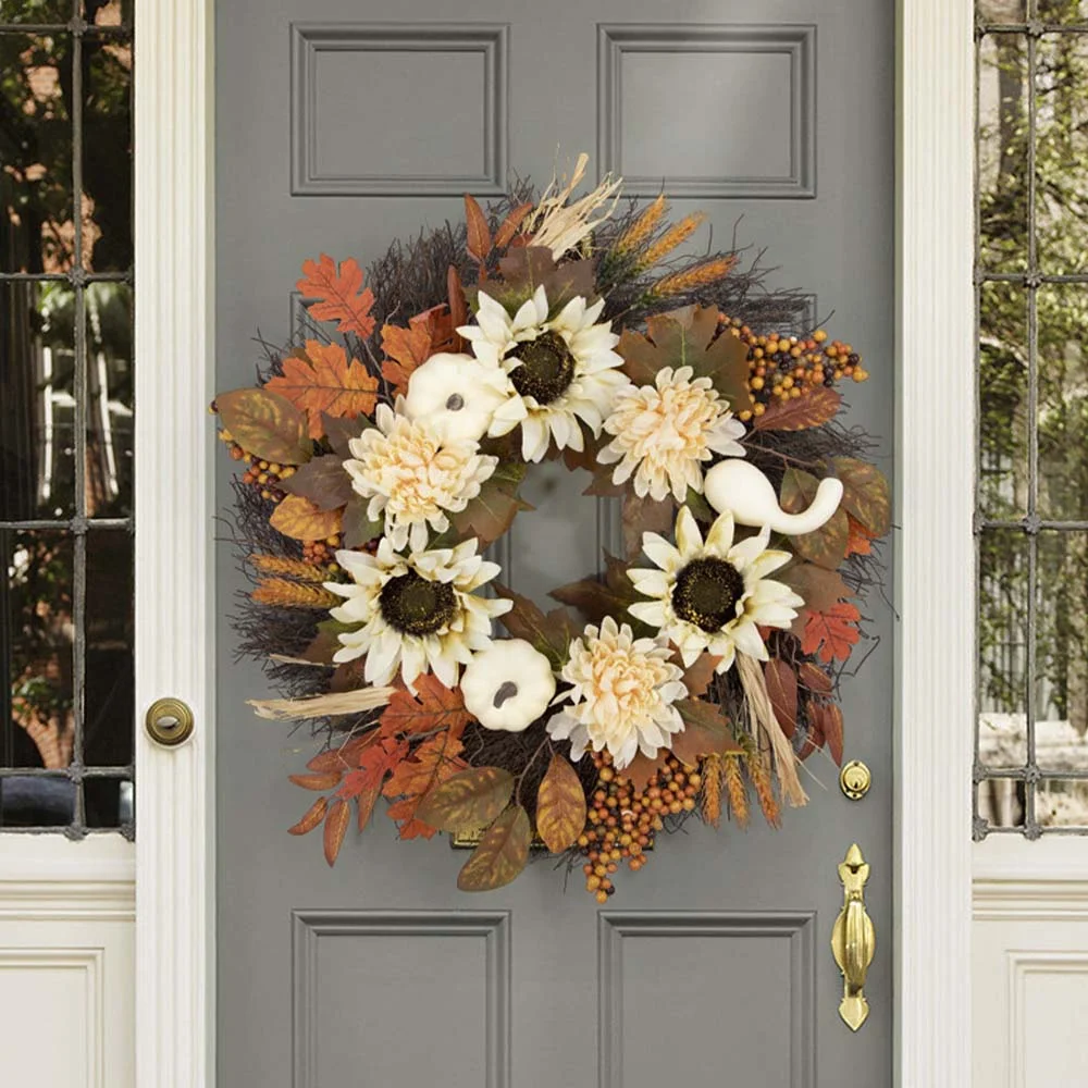 Autumn Thanksgiving White Pumpkin Wreath Sunflower Decoration