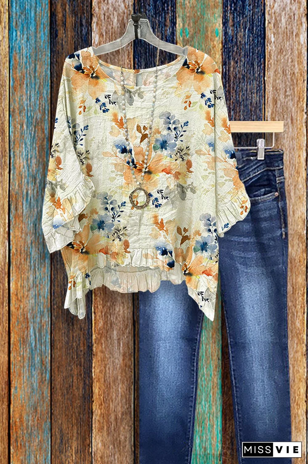 Loose Floral Print Ruffled Crinkled Blouse