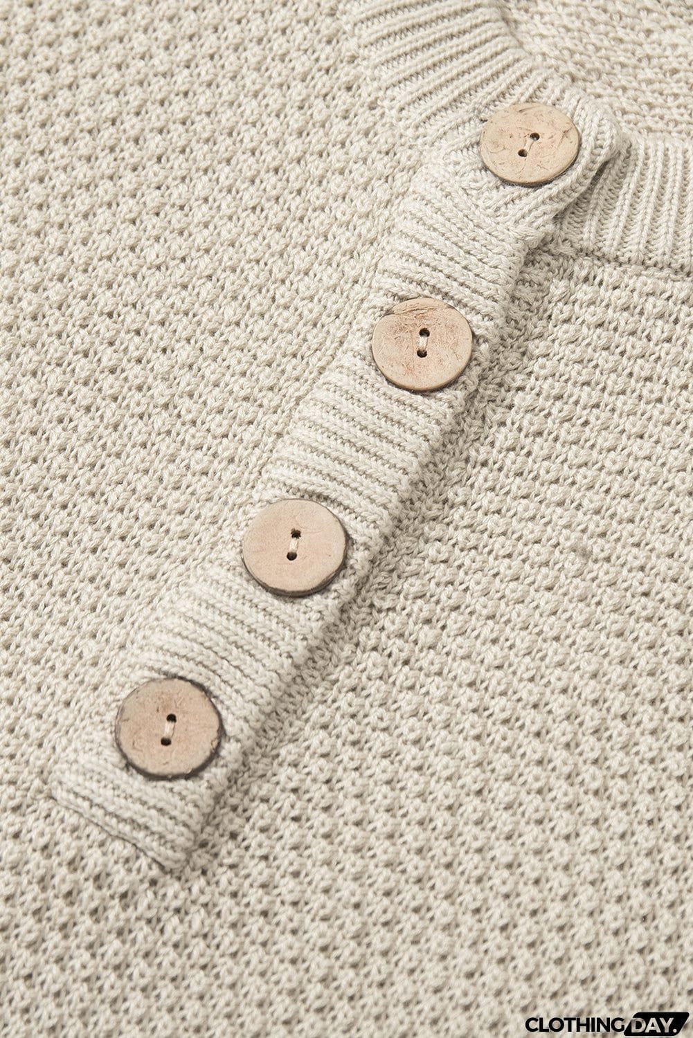 Women's Beige Henley Pullover Drop Shoulder Sweater with Slits