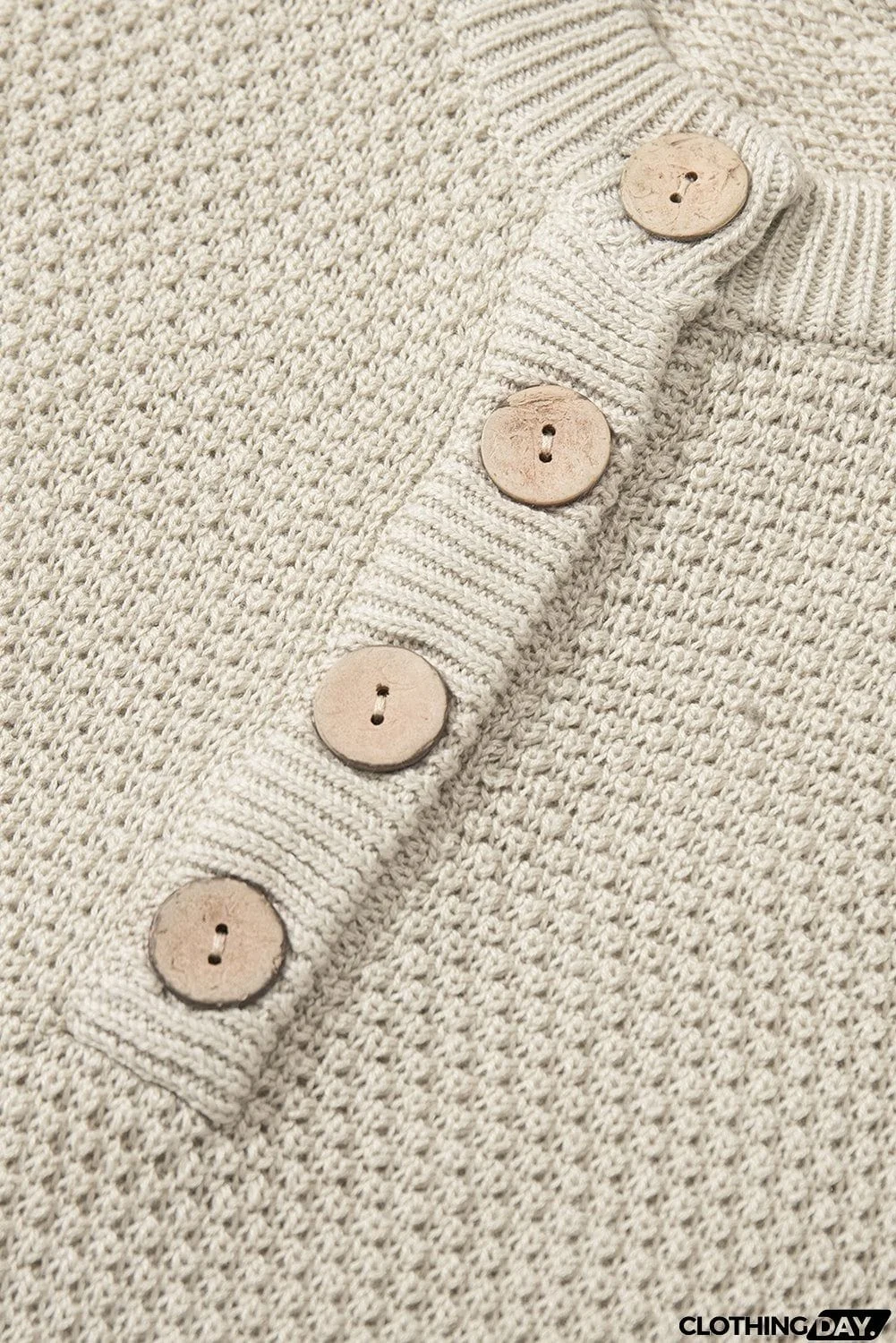 Women's Beige Henley Pullover Drop Shoulder Sweater with Slits