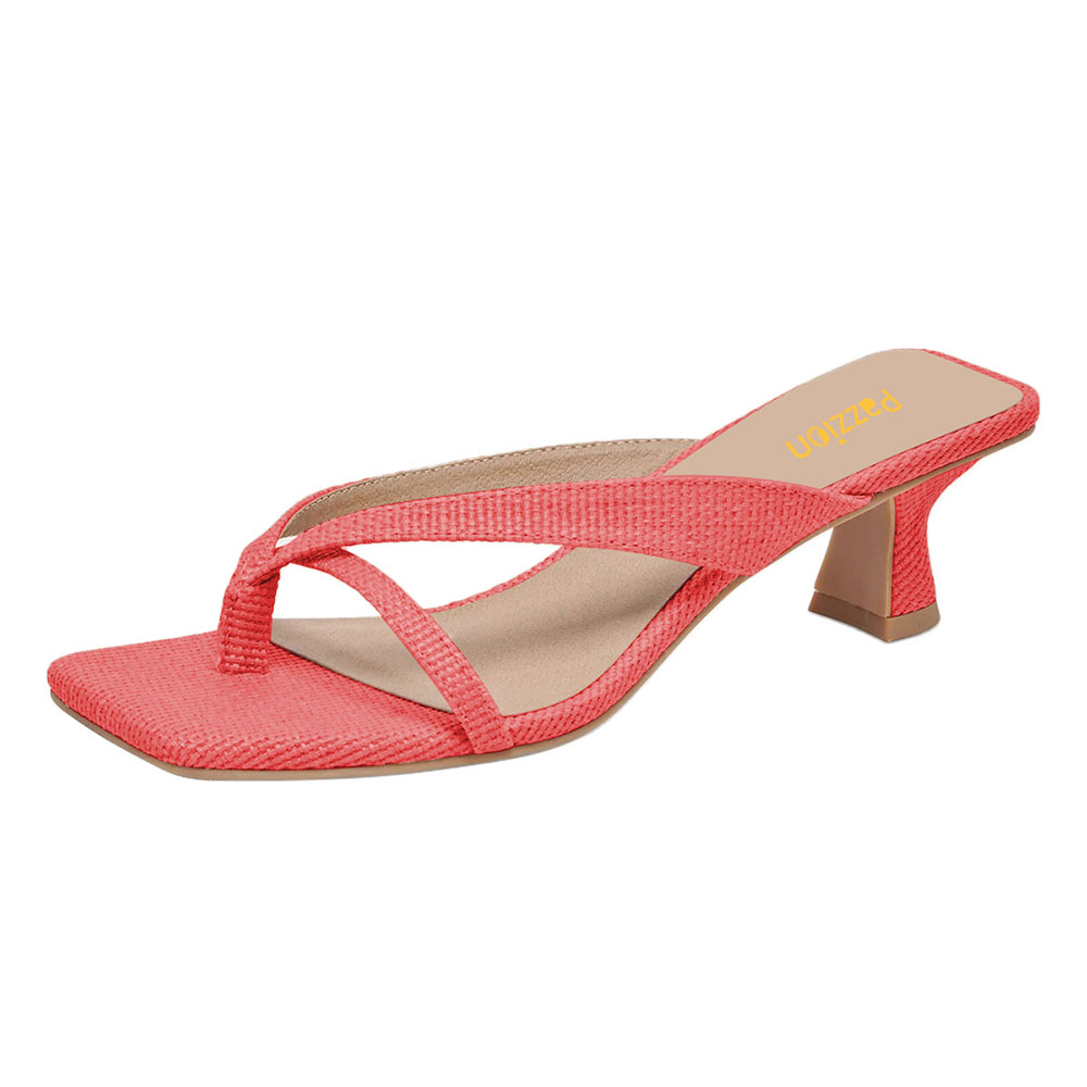 Rosy Red Fabric Square Toe Flared Heel Flip Flop Slip On Sandals Nicepairs