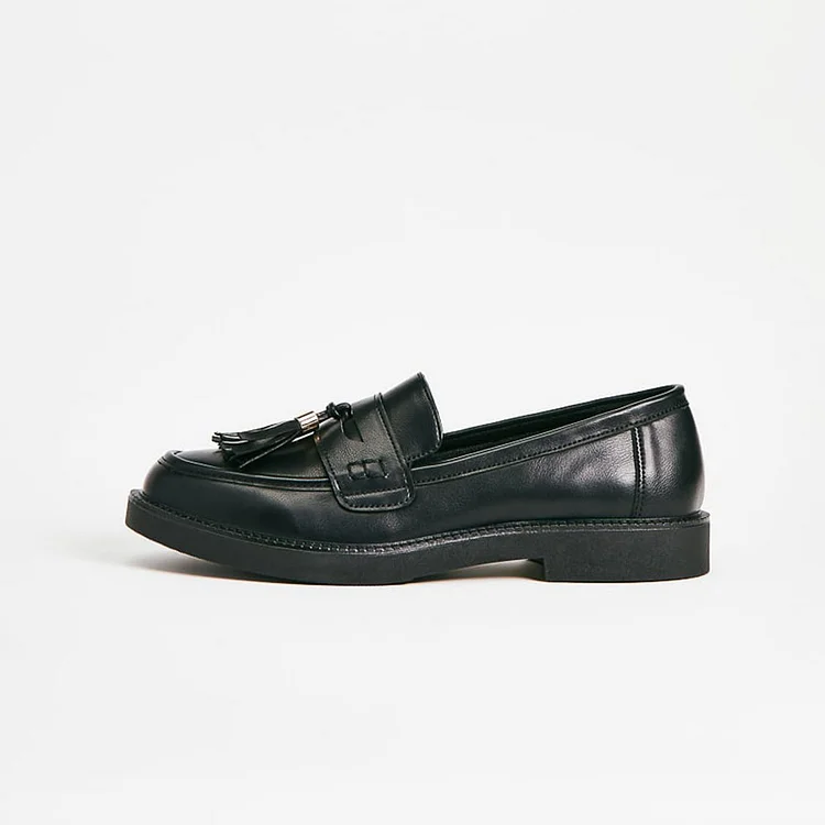 Women's Round Toe Fringe Decor Platform Loafers in Black |FSJ Shoes