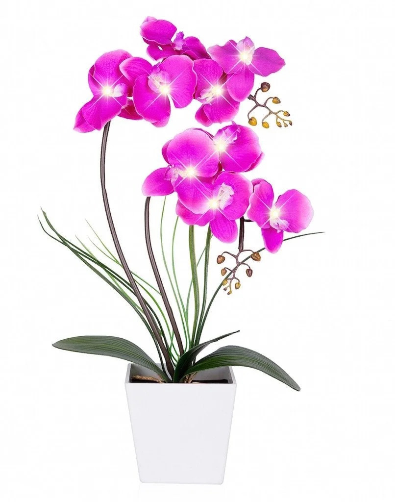 LED Lighted Artificial Orchid Arrangement-Battery Operated Orchid Pot with 9 Lights
