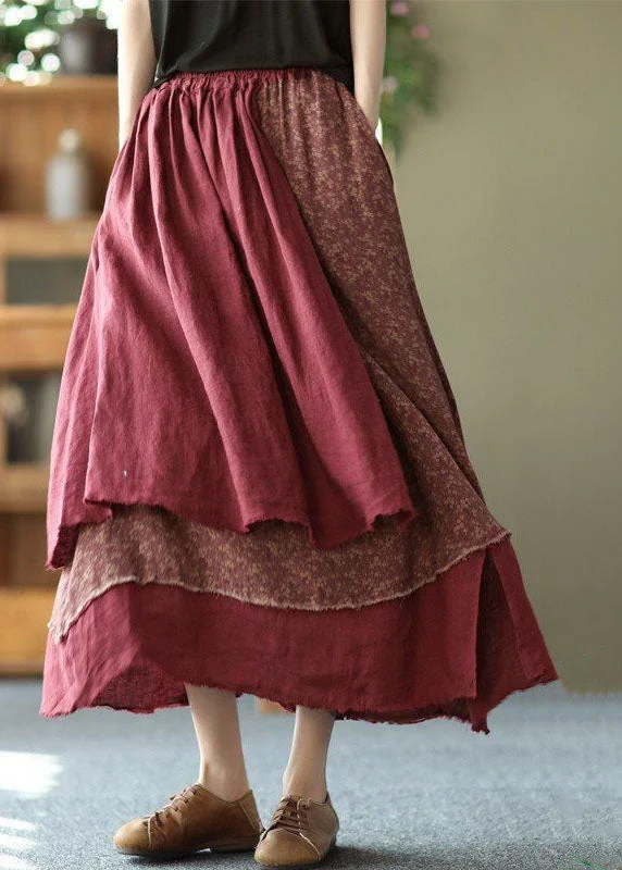 Casual Brick Red Print Asymmetrical Patchwork Cotton Skirt Spring
