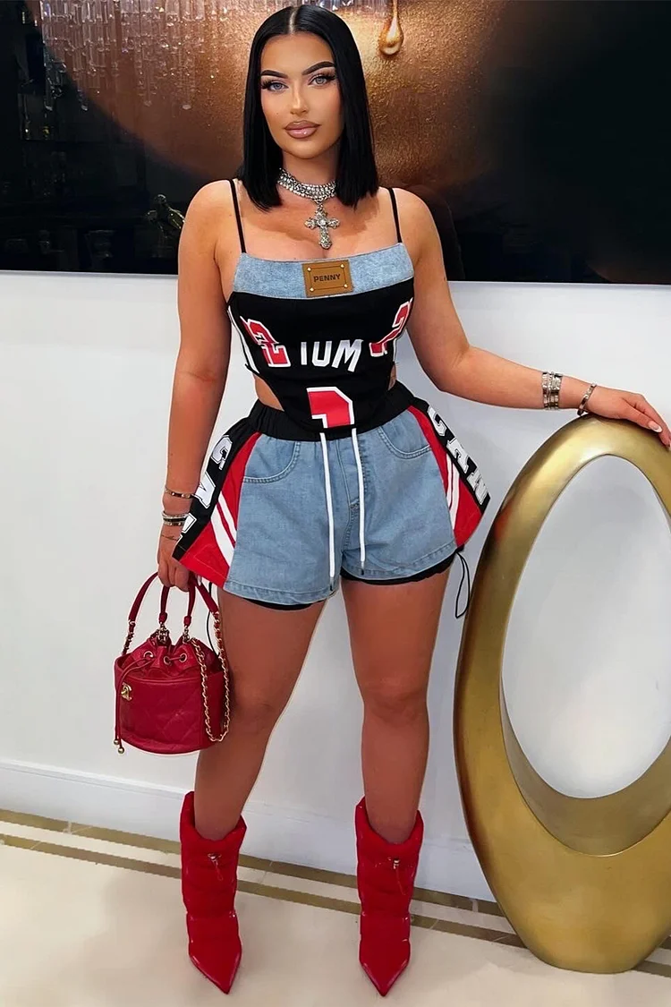 Letter Print Curved Hem Cami Denim Patchwork Shorts 2pcs Set-Blue [Pre Order]
