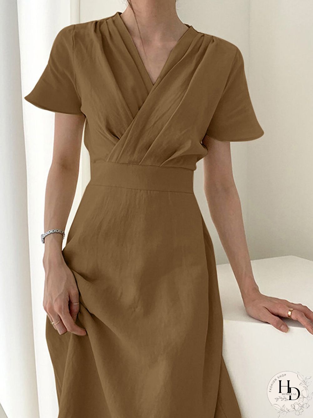 Solid Wrap V-neck Short Sleeve Casual Dress For Women