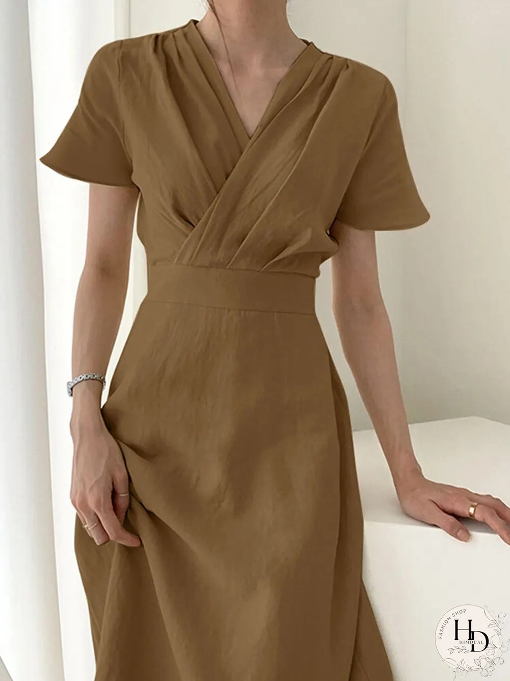 Solid Wrap V-neck Short Sleeve Casual Dress For Women