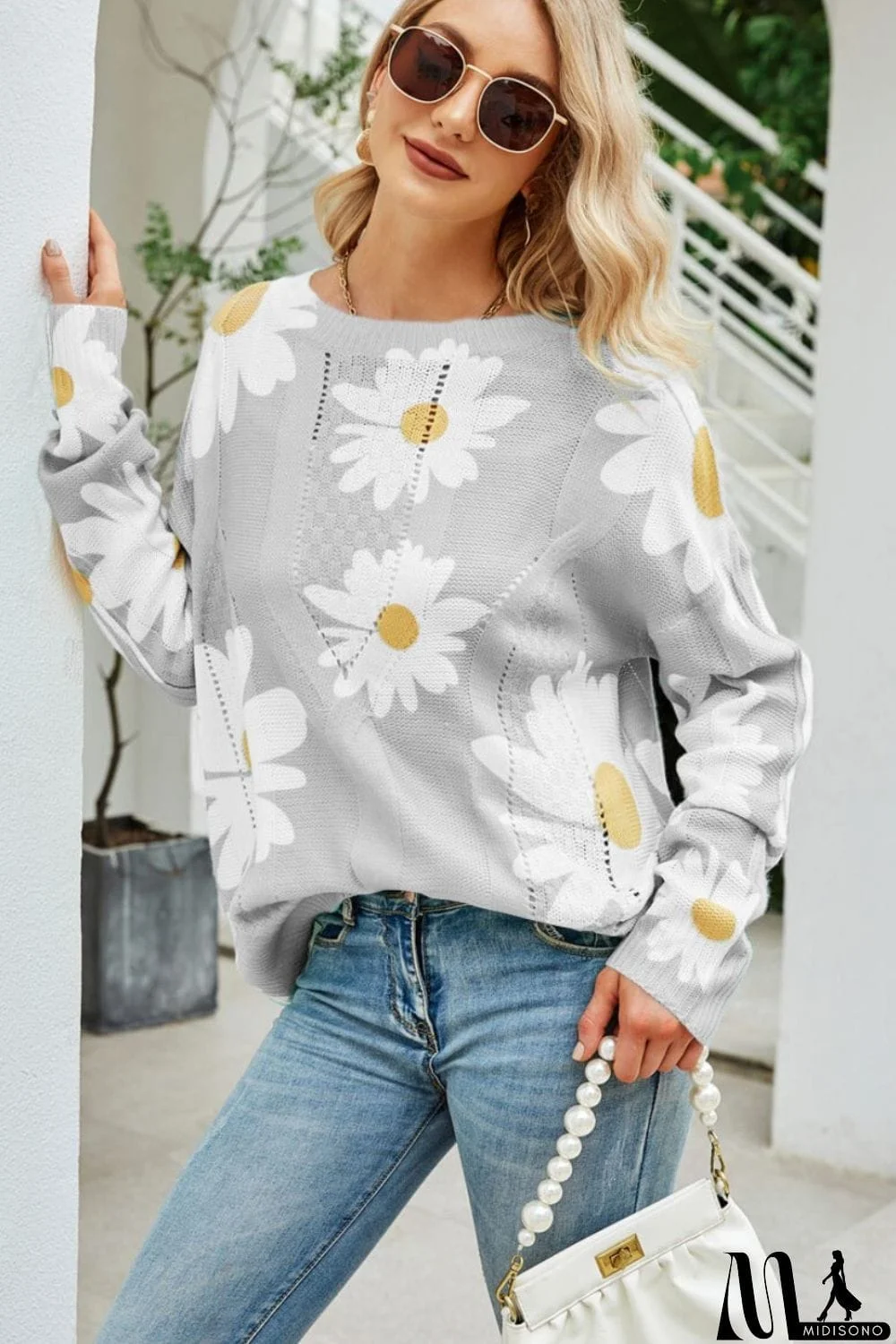 MidiSono - Daisy Print Openwork Round Neck Sweater