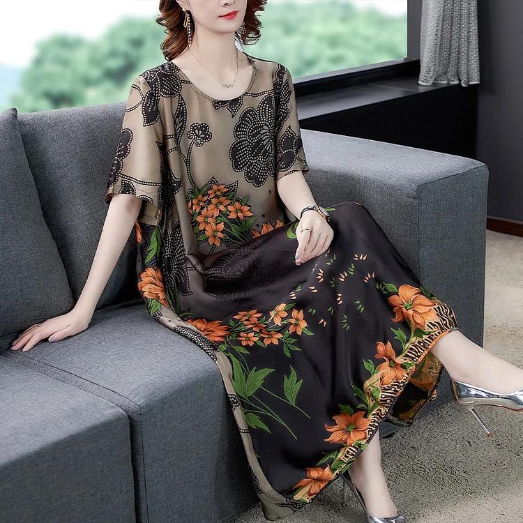 Women Plus Size Loose Silk Flower Print Dress