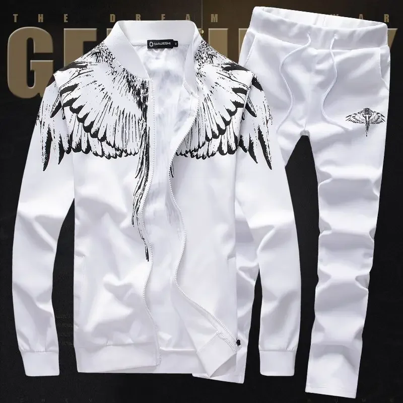 Aonga Tracksuit Men Oversized Wings Print Pattern Two Piece Set Clothes for Men Slim Baseball Uniform Sports Casual Zipper Sweatpants aonga