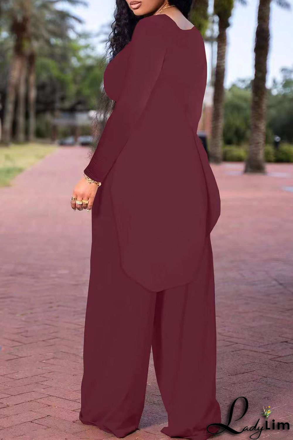 Burgundy Casual Print Patchwork Slit U Neck Plus Size Two Pieces