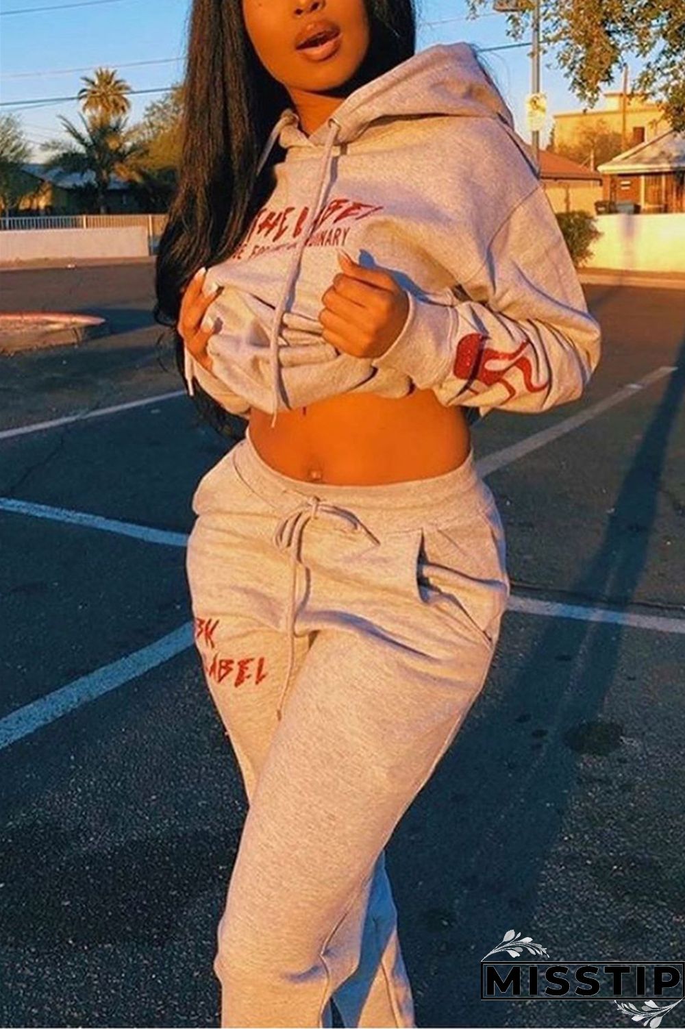Grey Fashion Street Blends Letter Patchwork Print Patchwork Draw String Pocket Pullovers Pants Hooded Collar Long Sleeve Regular Sleeve Regular Two Pieces