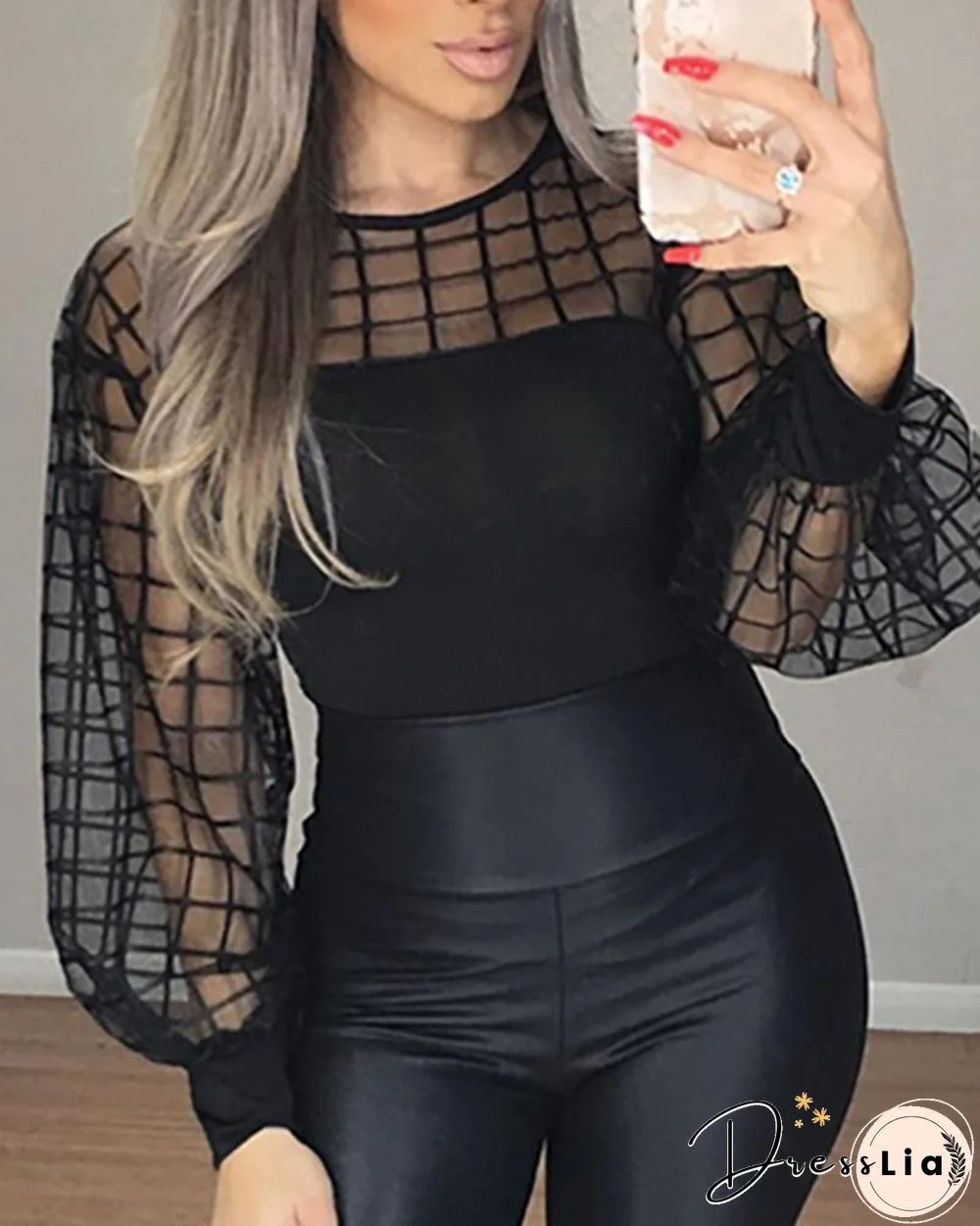 Sheer Grid Mesh Casual Blouse