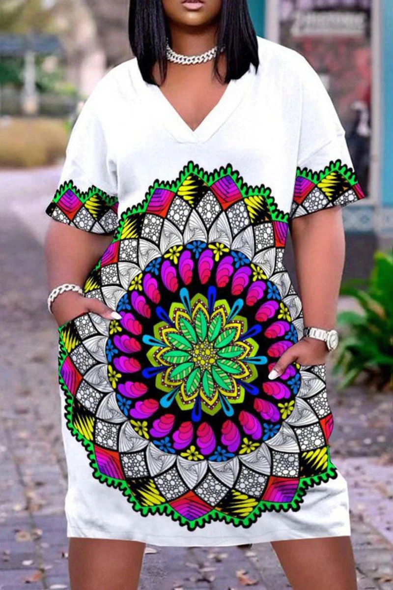 Fashion Casual Print Patchwork V Neck Short Sleeve Dress