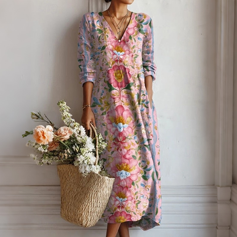 Comstylish Women's Floral Art Print Linen Blend Casual Dress