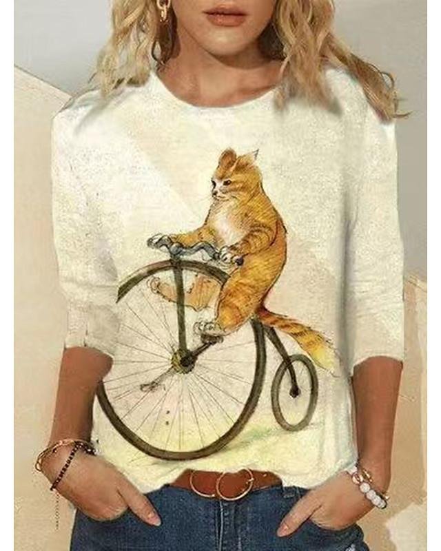 Women's T shirt Cat Long Sleeve Print Round Neck Tops Basic Basic Top Khaki - VSMEE
