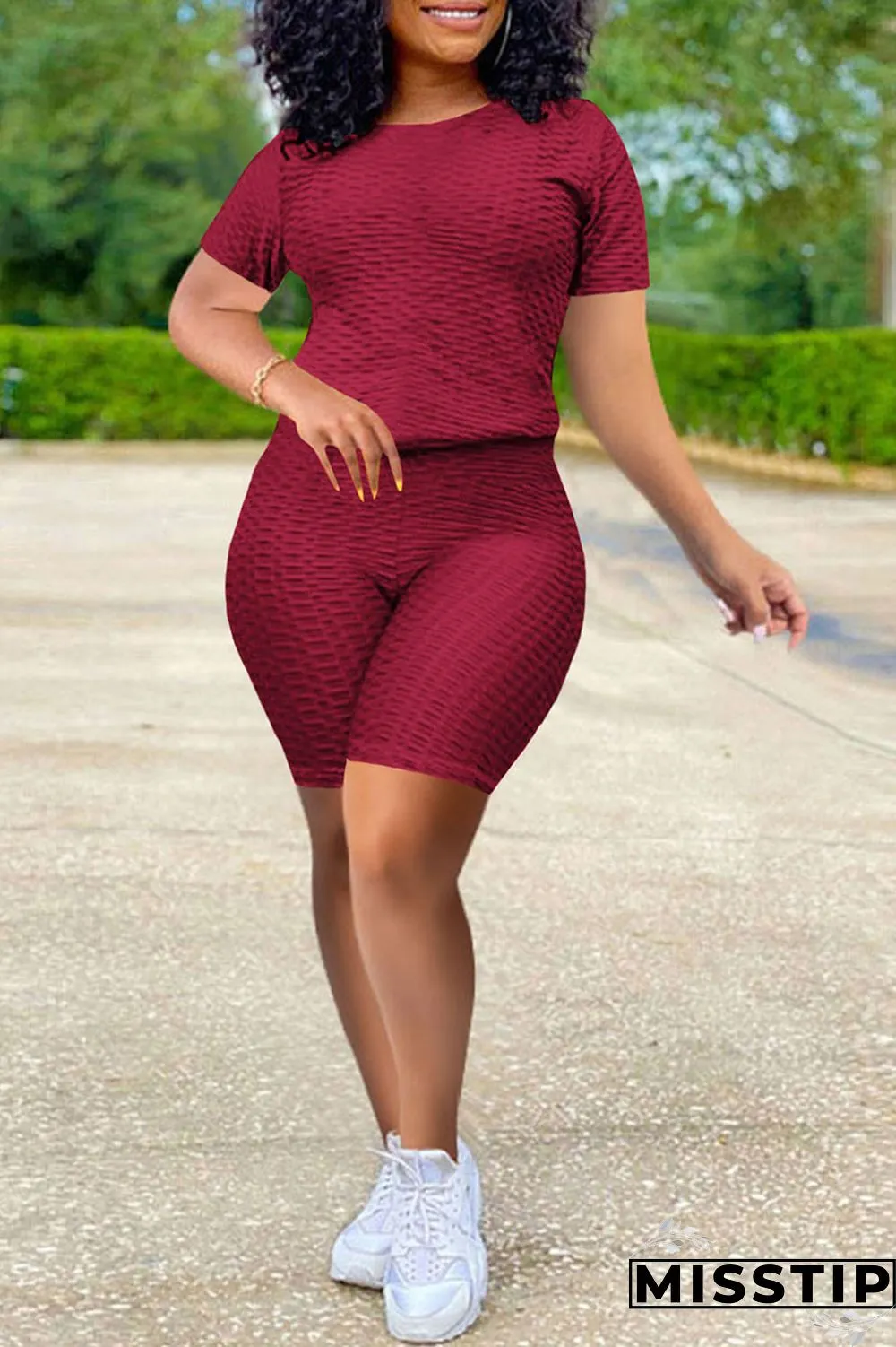 Fluorescent Red Fashion Casual Solid Basic O Neck Short Sleeve Two Pieces