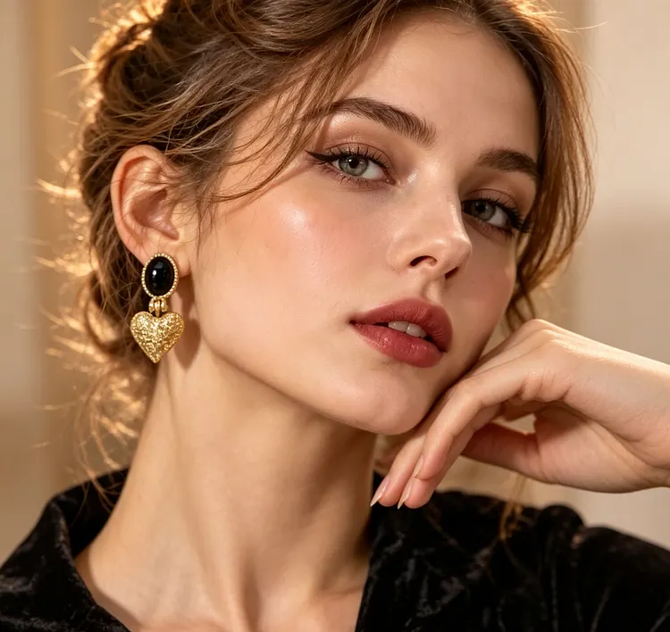 Vintage Black Onyx Heart Drop Earrings &ndash; Gold Tone Textured Statement Earrings with Retro Luxury Style