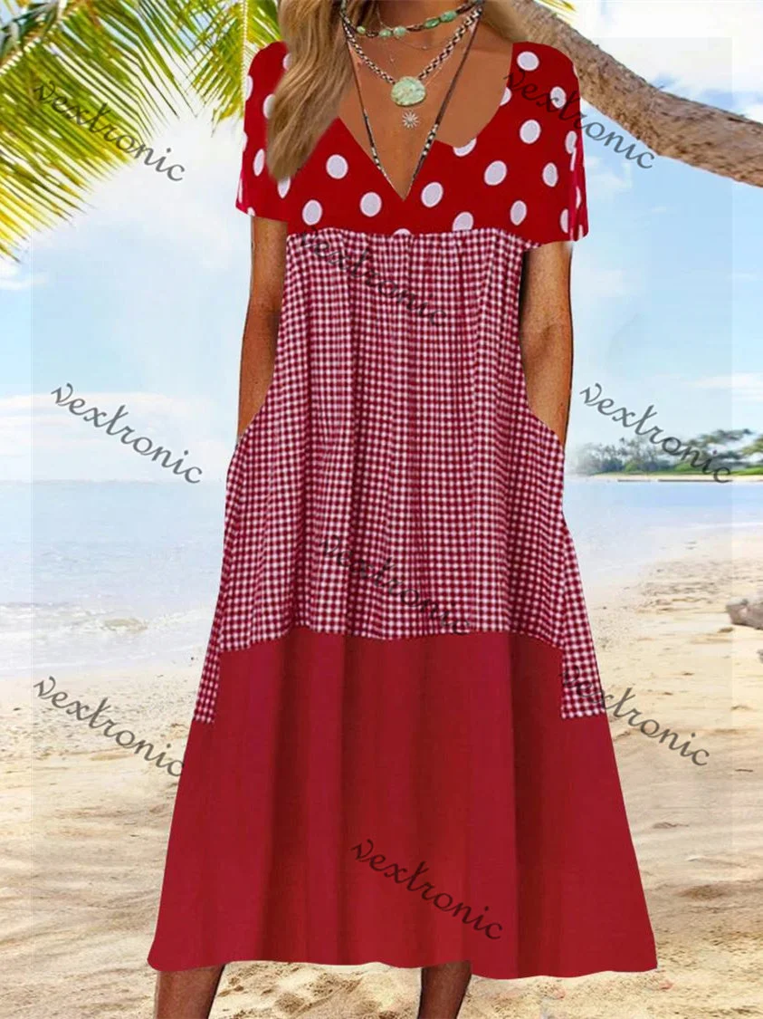 Women's Short Sleeve V Neck Red Graphic Printed Midi Dress