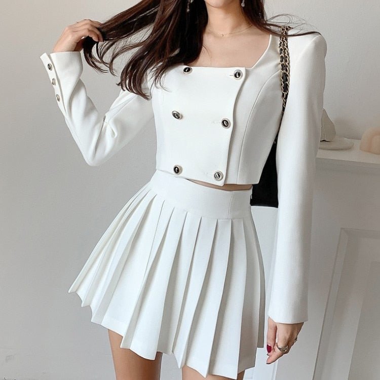 Korean Chic Spring Fashion Pretty Style Women Two-Piece Set High Quality Short Crop Top + Pleated Mini Skirt Office Sweet Suit