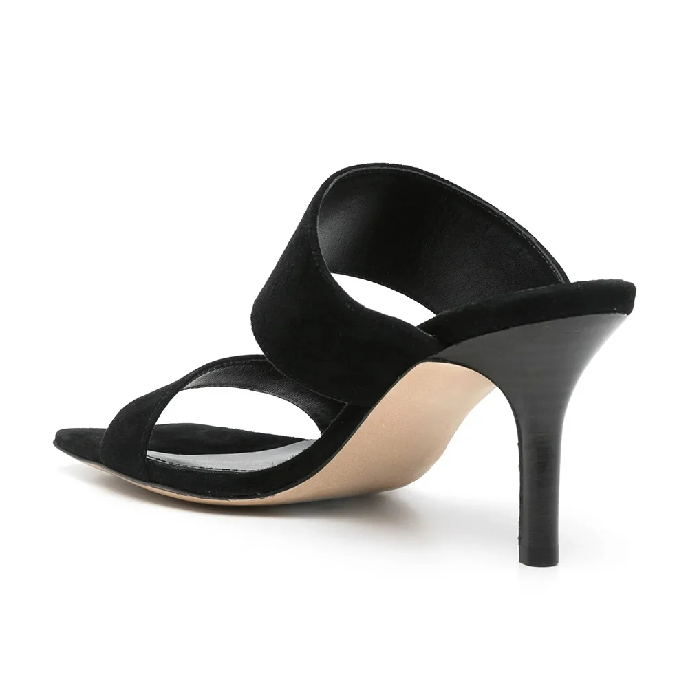 Classic Black Square Toe Stiletto Heel Double Strap Mules for Women