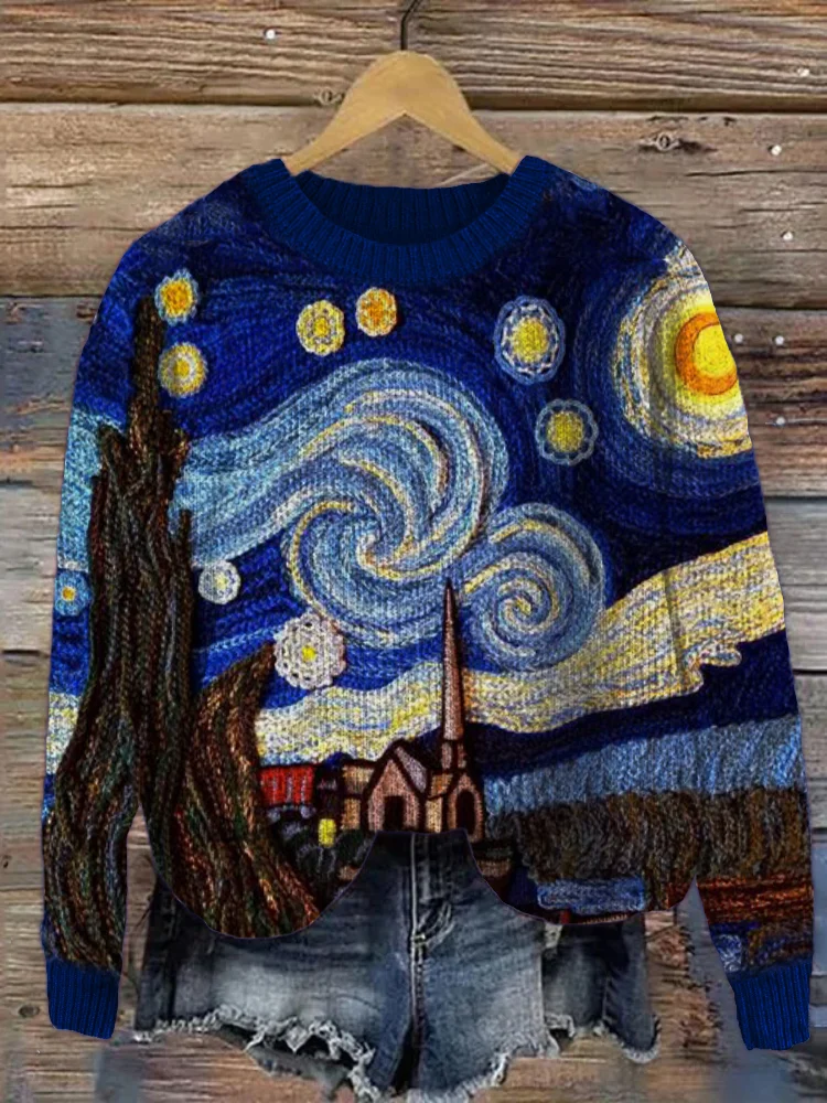 Starry Night Crochet Art Cozy Knit Sweater