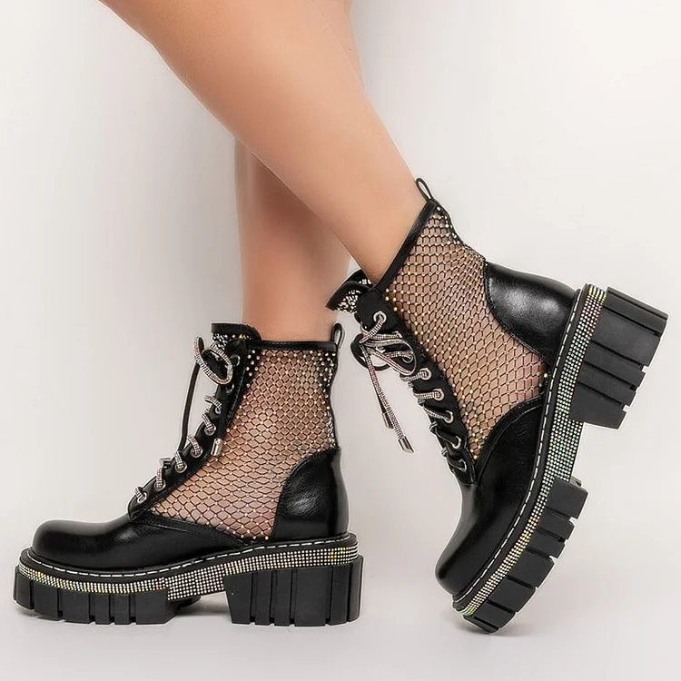 Black Lace Up Platform Loafers Women's Nets Block Heels Vintage Shoes Boot |FSJ Shoes