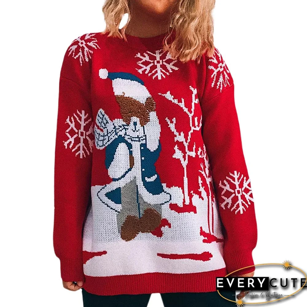 Red Snowflake Bear Crew Neck Long Sleeve Christmas Sweater