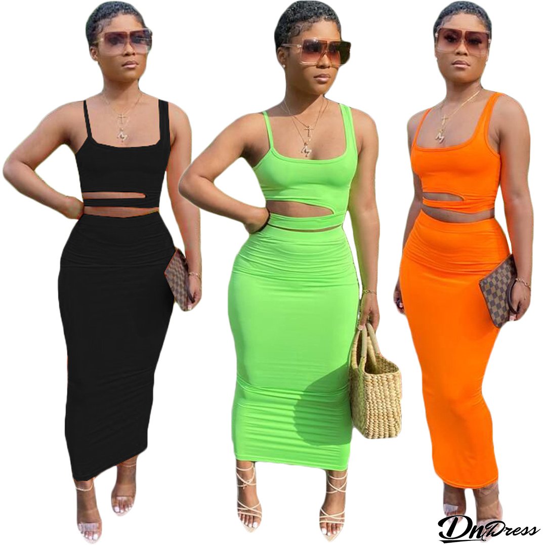 Women's Solid Color Cutout Casual Home Style Skirt Set Two Piece