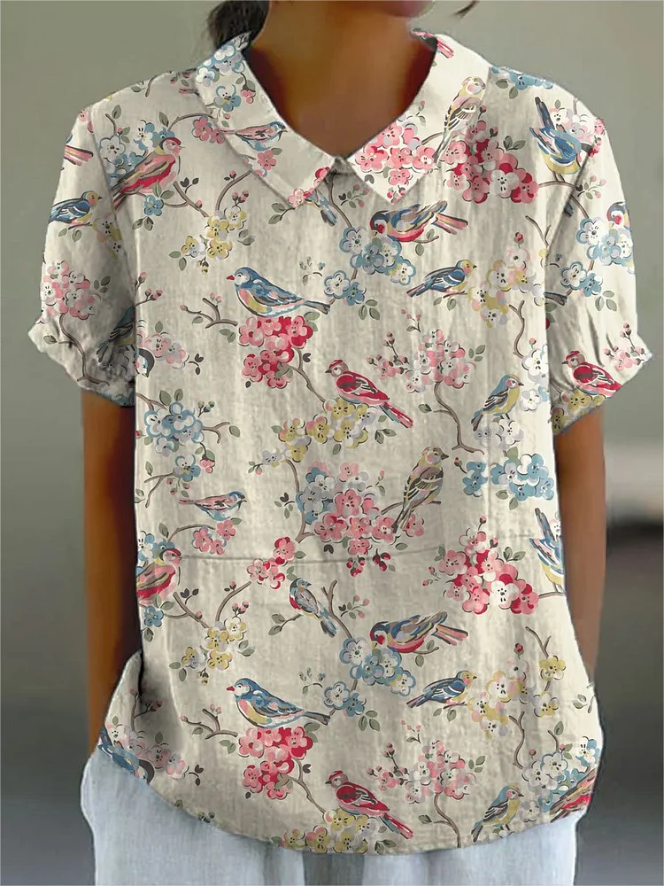 Women's Floral  Print Casual Cotton And Linen Shirt