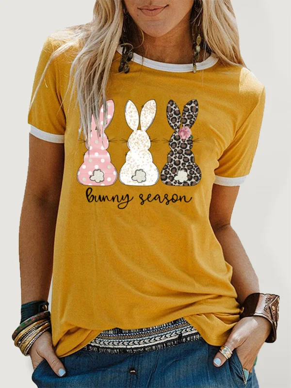 Women's Bunny season Bunny print color contrast short sleeve T-shirt Flusfy