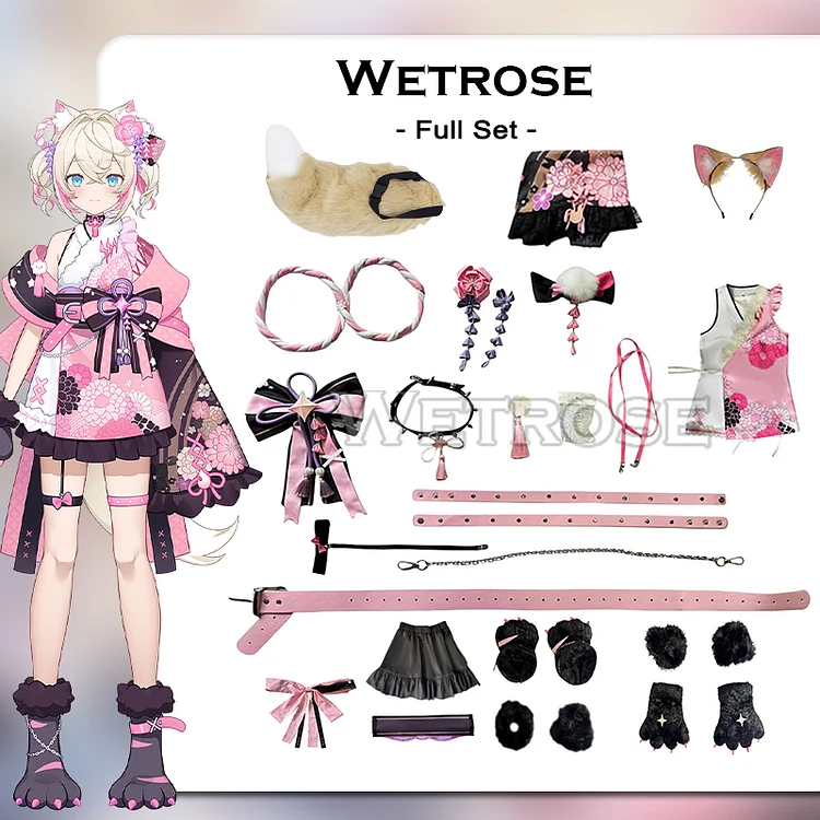 【Wetrose】In Stock Hololive Fuwawa Mococo Kimono Cosplay Costume Wig Tail Ears Full Set