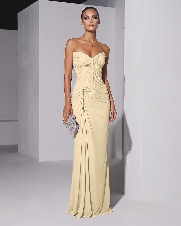 Daisda Elegant Sleeveless Sweetheart Pleated Strapless Long Evening Dress 