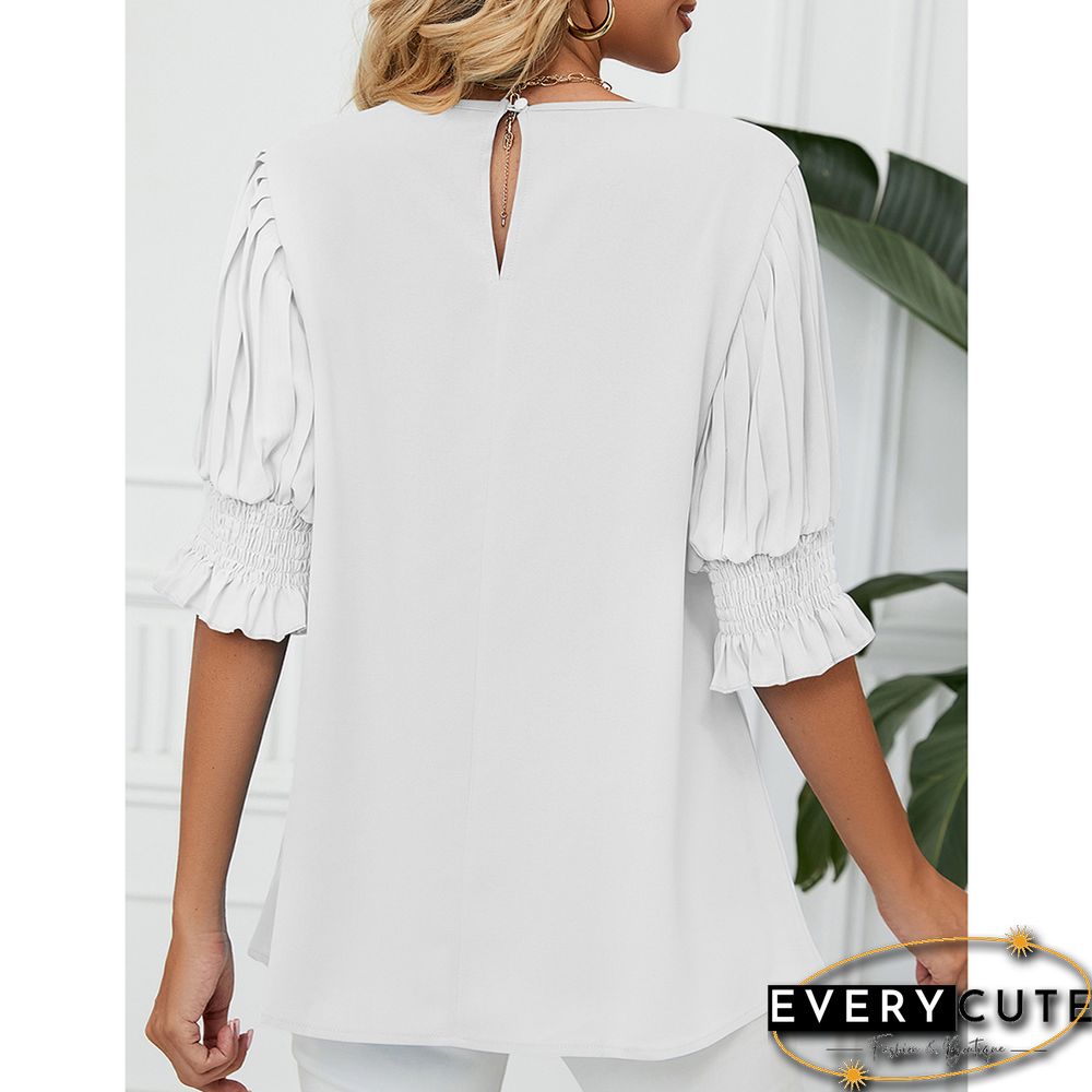 White Back Keyhole Ruffle 1/2 Sleeve Chiffon Blouse