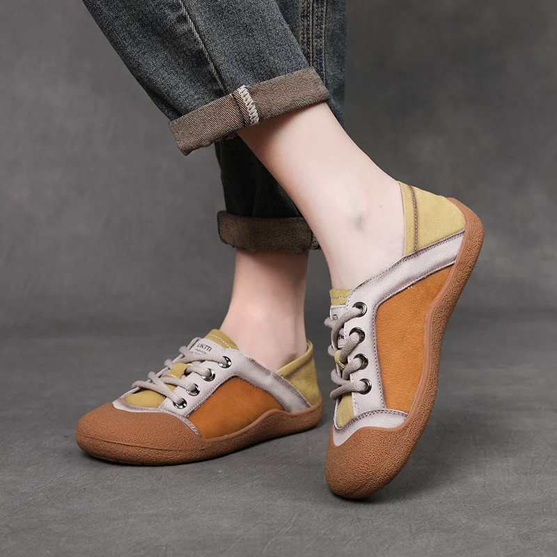 Yyvonne Layer Cowhide 2025 Autumn New Lace Sports Leisure Round Head Flat Bottom Single-Shoe Soft-Soled Waterproof Table