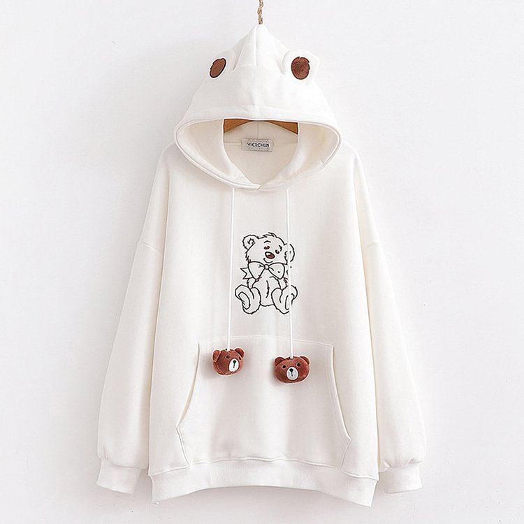 Embroidery Bear Pocket Plush Hoodie - Modakawa Modakawa