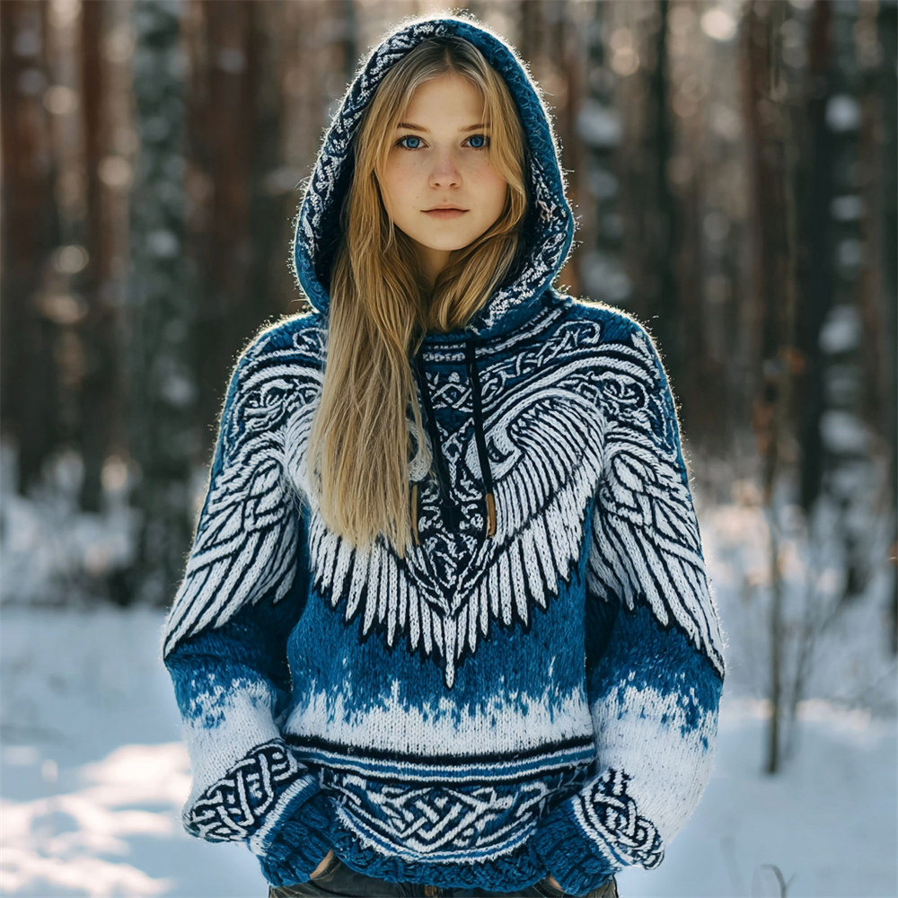 Viking Myth Wing Pattern Women's Knit Hooded Sweater elevenforest