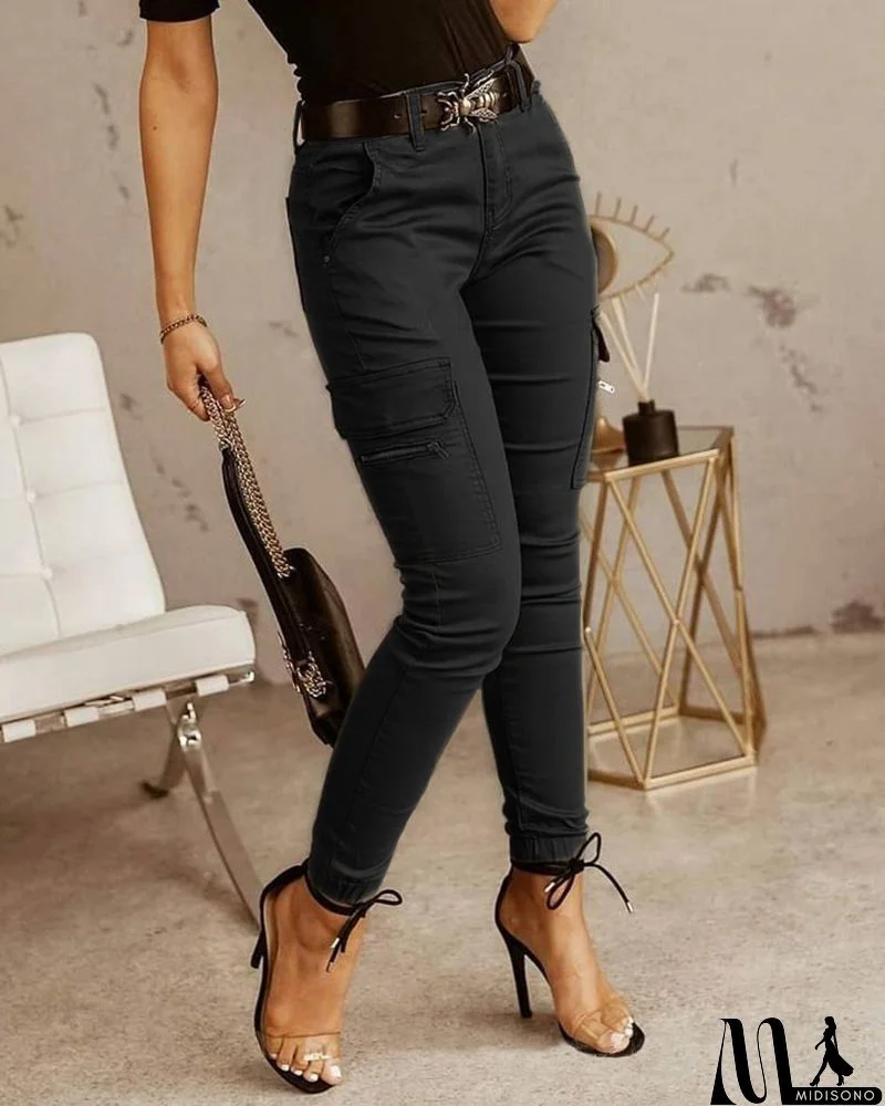 MidiSono - Casual Solid Split Joint Harlan Mid Waist Harlan Solid Color Bottoms