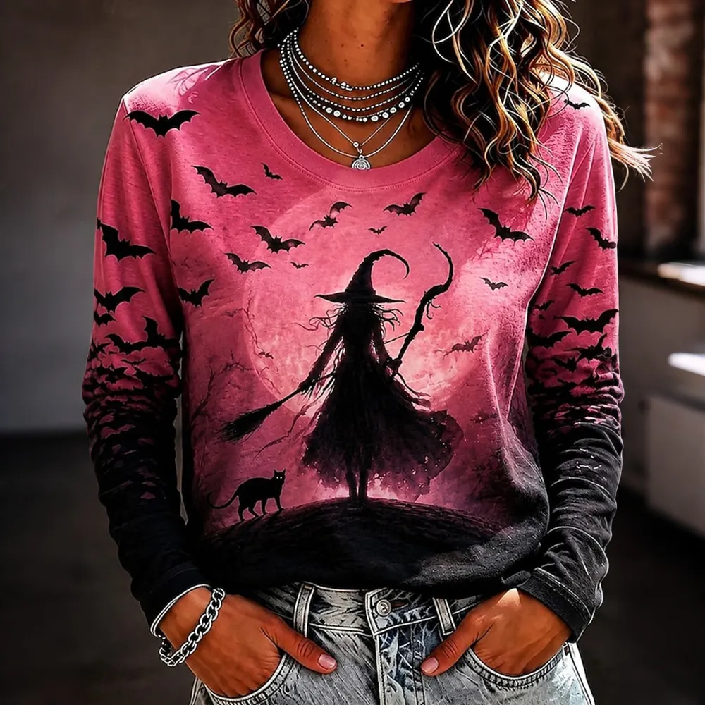 Comstylish Women's Pink Halloween Witch Bat Black Cat Print Crew Neck Long Sleeve T-shirt