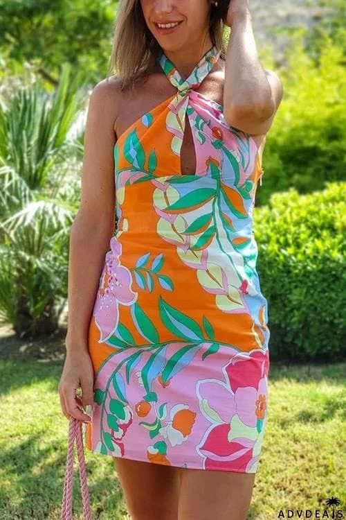 Print Halter Neck Backless Mini Dress